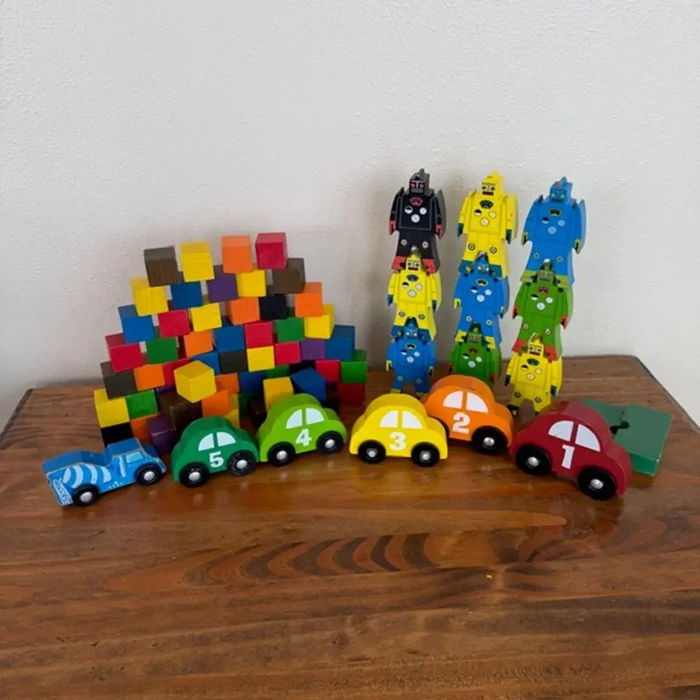 Set of Wooden Building Blocks, stacking of 9 Robots and 6 Cars